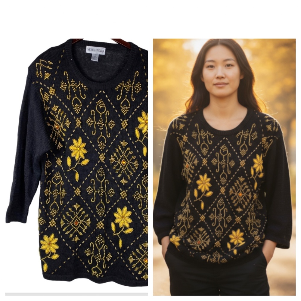 Vtg Victoria Woman 1X 16 18 Sweater Beaded Embellished Black Gold Floral Elegant